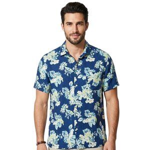 Club Room Mens Hawaiian Shirt Size XXL Blue Floral 100% Linen Luxury Button Up